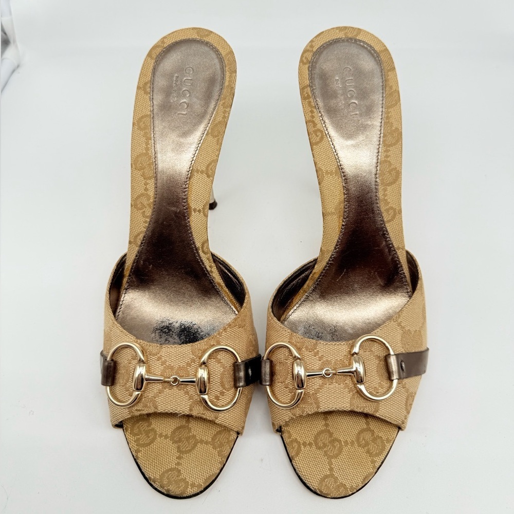Gucci Beige Brown Gunmetal Grey GG supreme monogram horsebit mules heels Y2K 9.5 - Picture 3 of 9